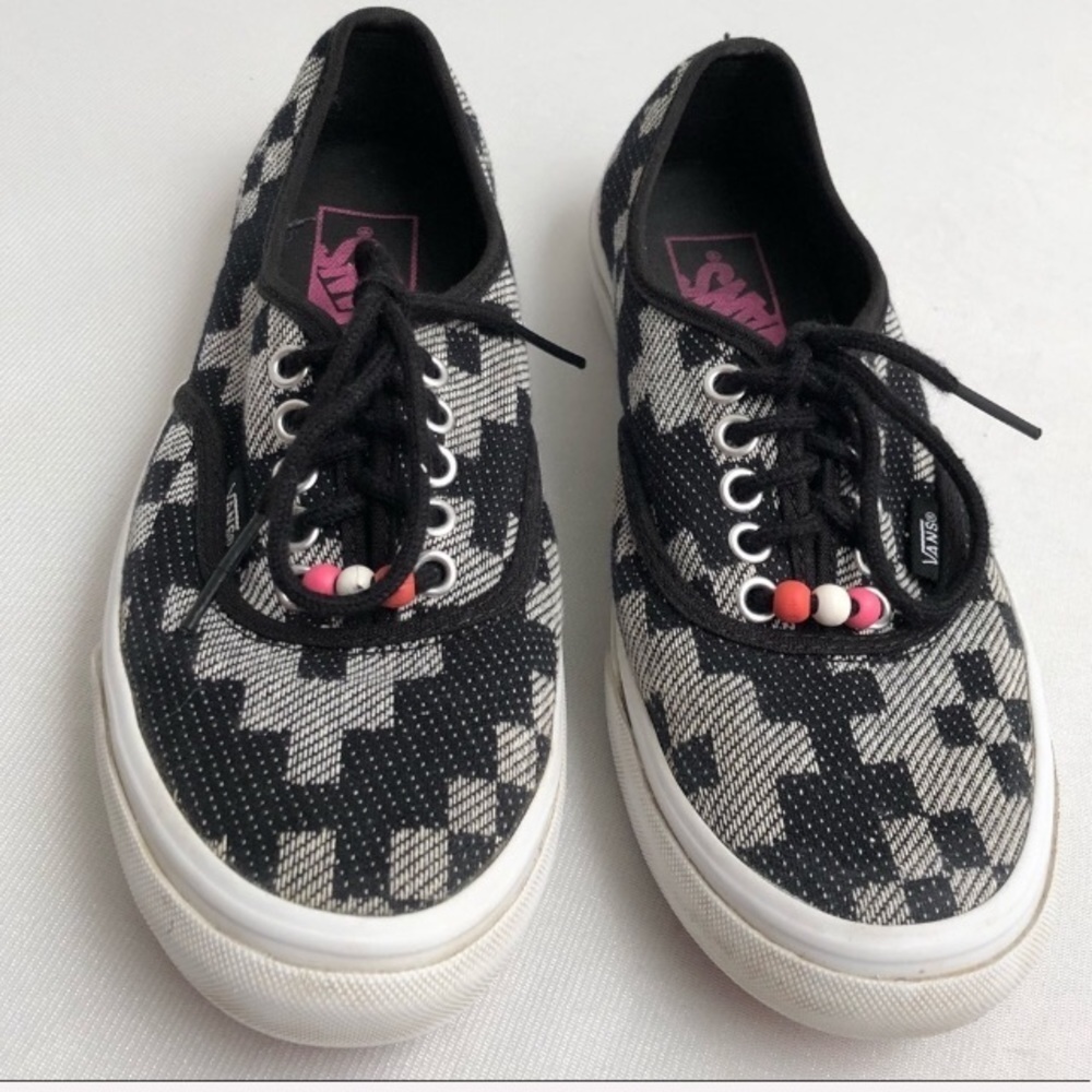 Vans black and cream checkered sneakers with beads